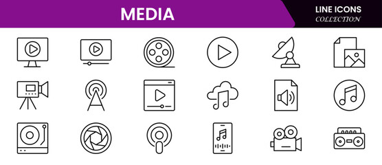 Set of line icons related to media, social networks, public media, journalism, communication, and networking. Outline icon collection. Vector illustration