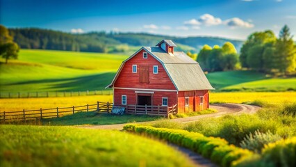 Obraz premium Miniature Rustic Design Barn, Charming Countryside Workshop, Tilt-Shift Photography