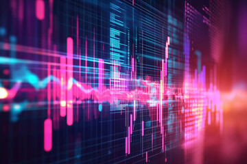 Fototapeta premium Futuristic digital backdrop with vibrant data visualization and graphs, showcasing market trends and analytics in colorful, high tech environment