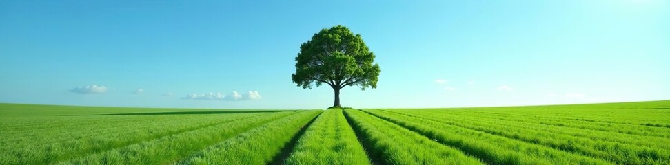 A solitary tree stands tall in the middle of a neatly cultivated field under a clear blue sky, symbolizing strength and resilience,  solitary,  clear sky