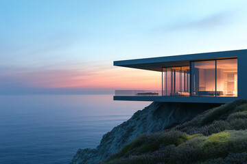 a modern glass hous on a cliff overlooking the ocean,minimalist architecture sunset ighting