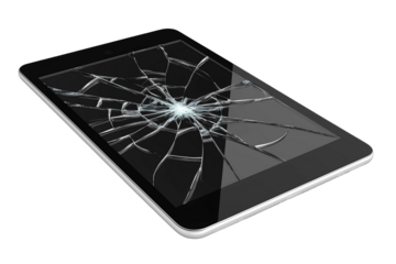 Tablet with fractured glass screen isolated on white background transparent PNG clipart.