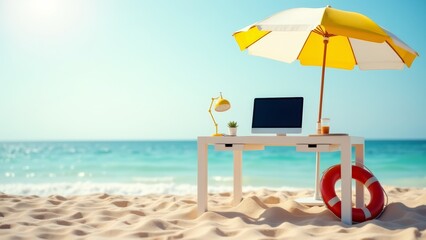 Office Desk Setup On Tropical Beach