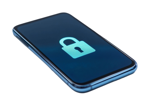 Smartphone displaying lock security icon isolated on white background transparent PNG clipart.