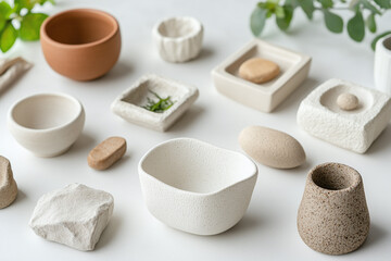 Handcrafted ceramic bowls and decorative objects arranged on table, showcasing various textures and shapes. collection features earthy tones and natural materials, creating serene atmosphere
