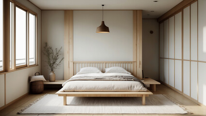 Serene minimalist bedroom design, featuring a light wood platform bed and shoji screen closet, bathed in soft natural light creating a peaceful and calming atmosphere.