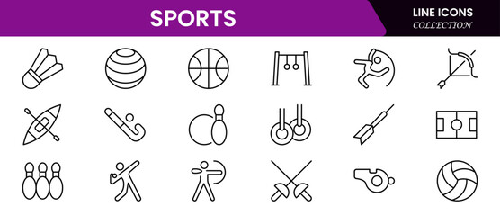 Sports Icons vector illustration with thin line contain medal, football, basketball, cycling, athlete, racket, table tennis, sparing, cardio, gym, weight training, golf, volleyball
