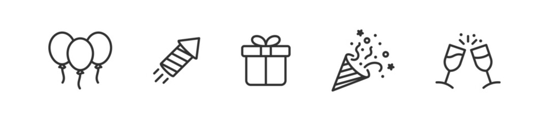 Party icon set. Celebration event and birthday fun. Balloon, confetti, gift decoration.