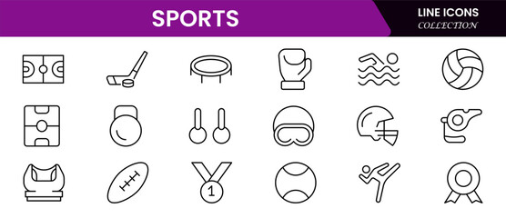 Sports Icons vector illustration with thin line contain medal, football, basketball, cycling, athlete, racket, table tennis, sparing, cardio, gym, weight training, golf, volleyball