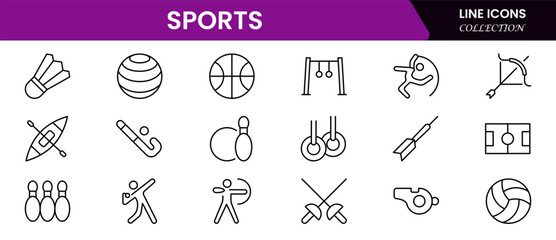 Sports Icons vector illustration with thin line contain medal, football, basketball, cycling, athlete, racket, table tennis, sparing, cardio, gym, weight training, golf, volleyball