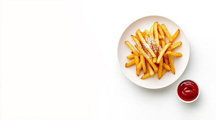 A plate of golden French fries with salt on top, and ketchup in the side bowl