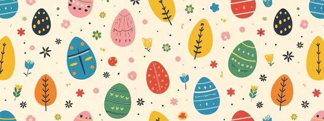 A pattern of colorful Easter eggs and flowers on a white background.