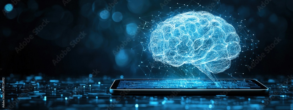 Poster digital brain concept with smartphone and data visualization elements