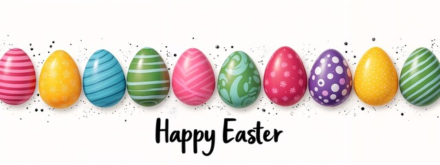 A row of colorful easter eggs with the words "Happy Easter" on them.