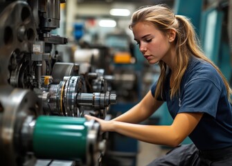 Fototapeta premium Young technician working with precision equipment in an industrial workshop