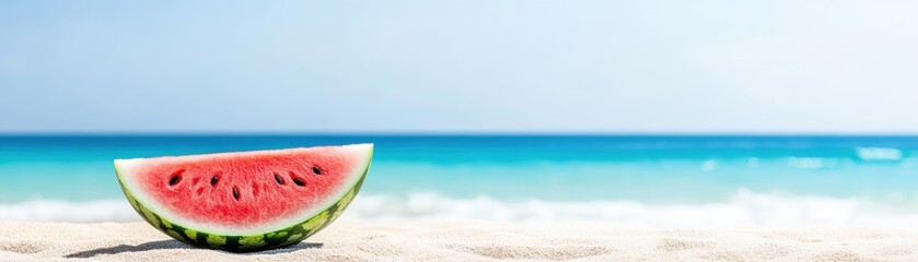 A vibrant watermelon slice rests on sandy shores, with a serene ocean backdrop under a clear sky, evoking a refreshing summer vibe.