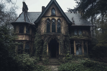 an abandoned gothic mansion with broken windows and overgrown ivy,eerie and atmospjeric