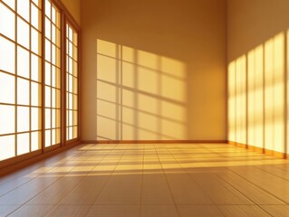 Empty Japanese tea room with single scrolland minimalist composition