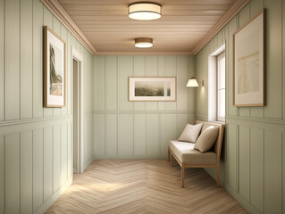 Modern hallway with wall panelling in neutral and light sage. Hall with wood panels, minimalist natural wood furniture and artwork on the wall.