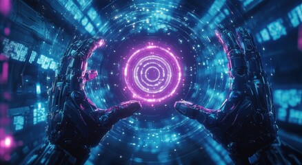 Fototapeta premium Futuristic robotic hands interacting with glowing holographic digital interfaces