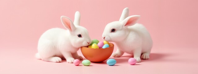 A couple of white rabbits sitting next to each other near a bowl of colorful eggs.