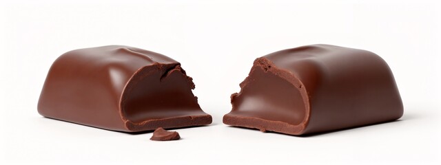 Obraz premium Two pieces of dark chocolate on a white surface.