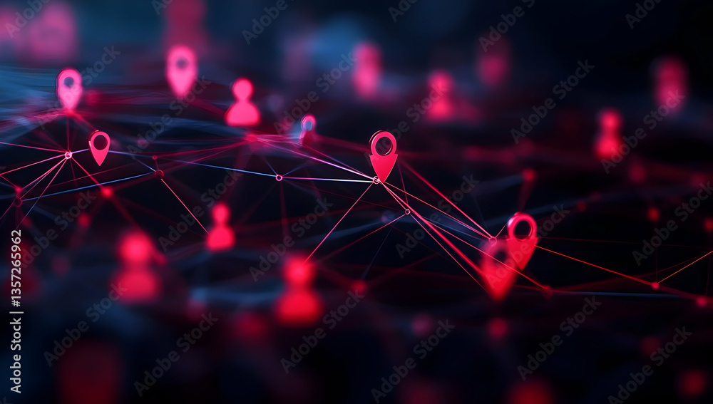 Wall mural abstract digital network with location markers and connections in red, representing connectivity and