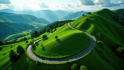 A stunning aerial view of winding curve roads through lush green landscapes,  beautiful,  nature