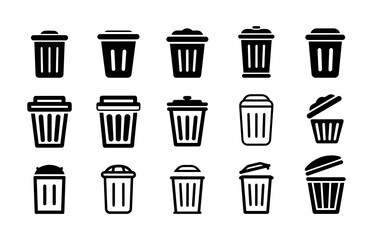 Collection of Trash Can Icons in Various Styles and Angles