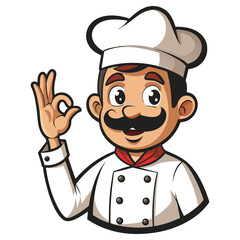 Smiling Cartoon Italian Chef with Okay Gesture, Moustache, Uniform on a White BG