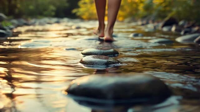 Bare feet walking on river stones, creating ripples in the tranquil water. The serene setting is illuminated by soft sunset light, enhancing the peaceful atmosphere. Video made using Generative AI.
