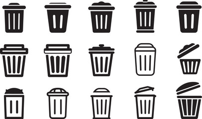 Collection of Trash Can Icons in Various Styles and Angles