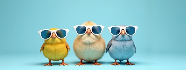 Fototapeta premium Three small birds wearing white sunglasses on a blue background.