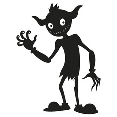 Black silhouette of cartoon imp with pointy ears, sharp teeth, and big eyes