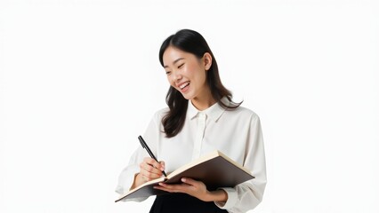 Naklejka premium Woman Writes In Diary, Isolated White