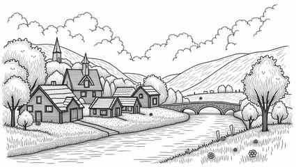 A charming village nestled along a winding river, with small wooden cottages, stone bridges, and lush trees drawn in elegant, intricate line art. 