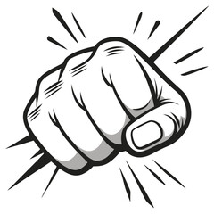 Clenched Fist Punching Forward Monochrome Power Hand Gesture, Comic Book Style