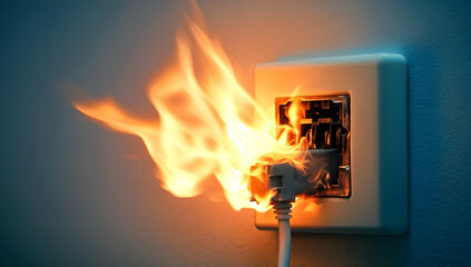 An electrical outlet engulfed in flames, highlighting the dangers of fire hazards and electrical safety.