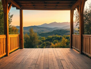 Fototapeta premium Wooden veranda with mountain view at golden hour