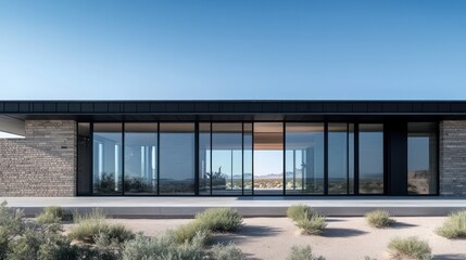 A clean, sleek modern house with a deep black metal roof, large panoramic glass windows, and smooth stone walls