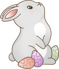 Grey bunny with easter eggs and flowers, colorful illustration