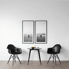Modern Minimalist Living Room Interior with Black Chairs and Coastal Photography