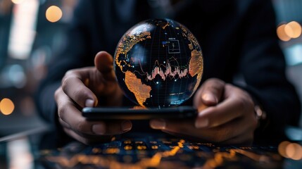 A person holds a smartphone displaying a globe, illuminated with data visualizations, symbolizing global connectivity and technology.