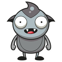 Grey Cartoon Vampire Character. Fangs, Red Tongue. Isolated on White Background