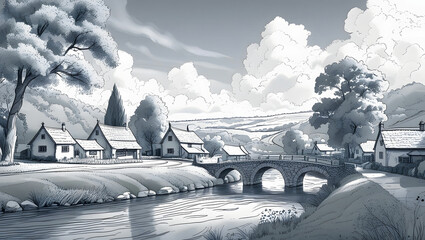 A charming village nestled along a winding river, with small wooden cottages, stone bridges, and lush trees drawn in elegant, intricate line art. 