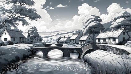 A charming village nestled along a winding river, with small wooden cottages, stone bridges, and lush trees drawn in elegant, intricate line art. 