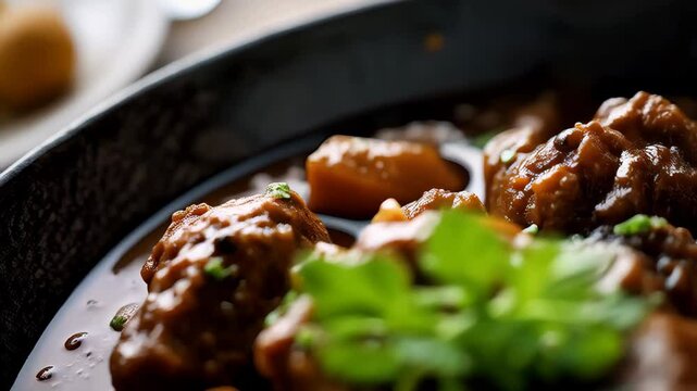Delicious Beef Stew Recipe Close up of savory beef chunks in rich brown gravy with root vegetables