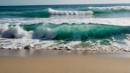 Fototapeta premium A stunning image of ocean waves crashing on the shore at sunrise. Ocean wave crashing, sea foam, bright sky, nature. Turquoise waters churn as a massive wave rises in the ocean.