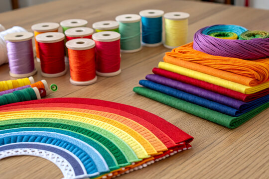 A vibrant arrangement of colorful spools of thread and fabric laid out in rainbow patterns on a wooden surface, showcasing crafting materials for sewing projects.