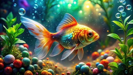 Fototapeta premium An Enchanting Aquatic Scene Featuring a Vibrant Goldfish Amidst Colorful Underwater Flora and Fauna